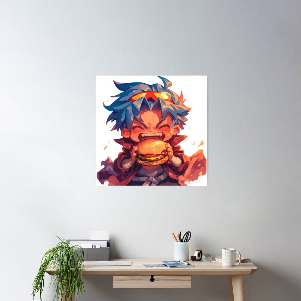 Kamina Gurren Lagann Anime Chibi Kawaii Burger Fiery Blue Hair Poster - Image 2