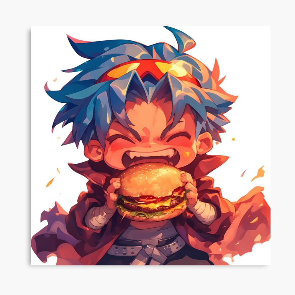 Kamina Gurren Lagann Anime Chibi Kawaii Burger Fiery Blue Hair Poster