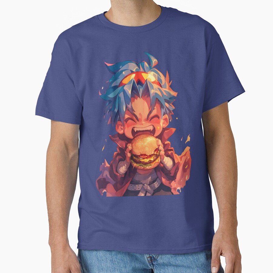 Kamina Gurren Lagann Anime Chibi Kawaii Burger Fiery Blue Hair T-shirt - Image 4
