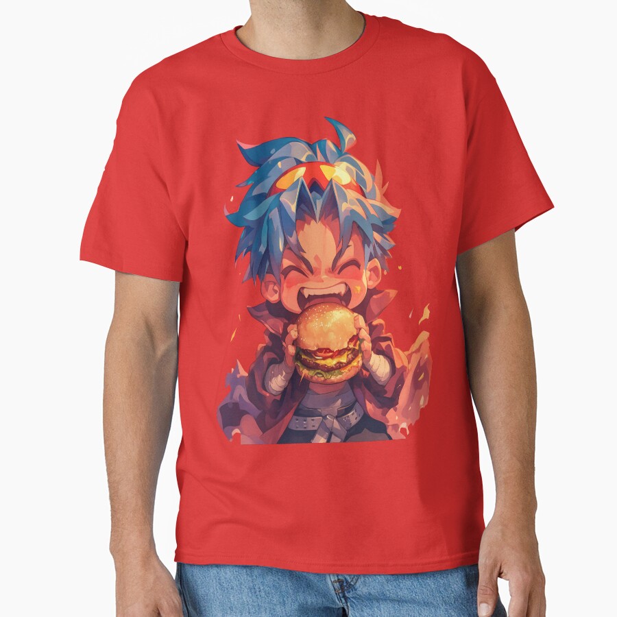 Kamina Gurren Lagann Anime Chibi Kawaii Burger Fiery Blue Hair T-shirt - Image 5