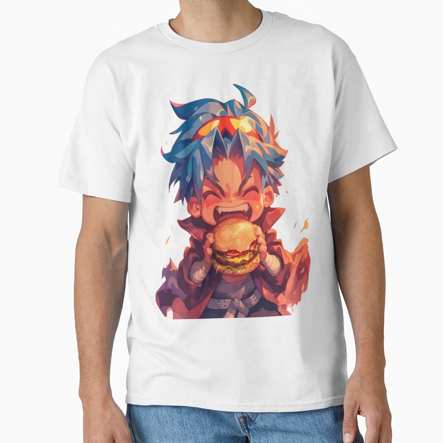 Kamina Gurren Lagann Anime Chibi Kawaii Burger Fiery Blue Hair T-shirt