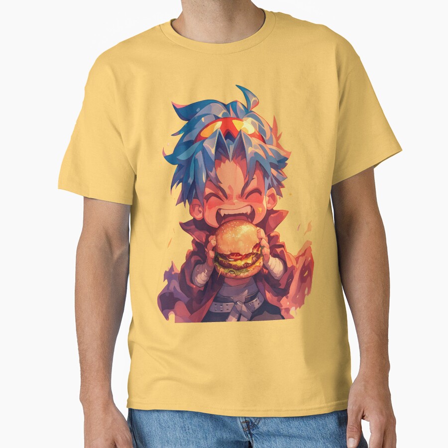 Kamina Gurren Lagann Anime Chibi Kawaii Burger Fiery Blue Hair T-shirt - Image 6