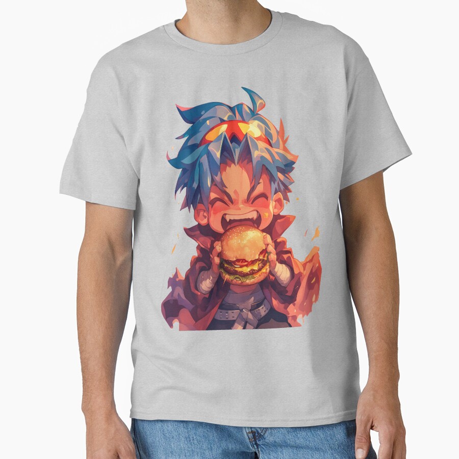Kamina Gurren Lagann Anime Chibi Kawaii Burger Fiery Blue Hair T-shirt - Image 3